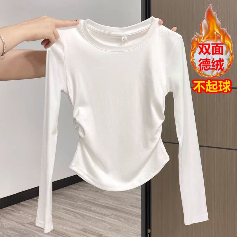 潮流纯色长袖T恤女秋冬基础款设计感褶皱显瘦修身打底衫内搭上衣