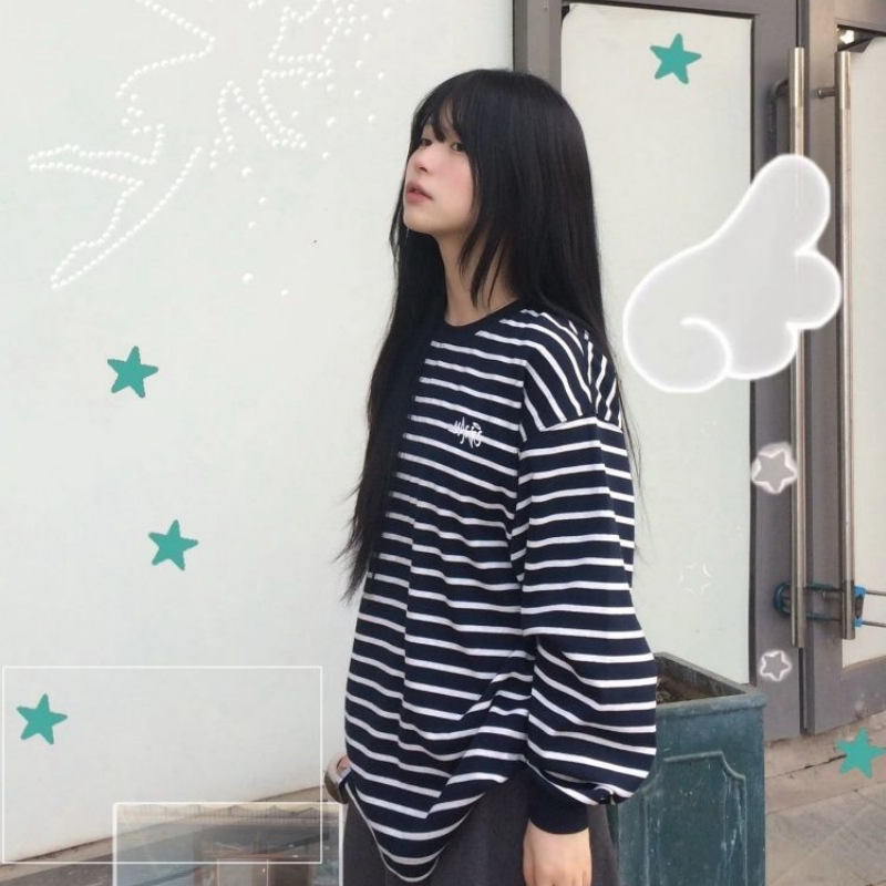 藏青色超火字母刺绣条纹圆领长袖T恤女秋季新款宽松休闲慵懒上衣