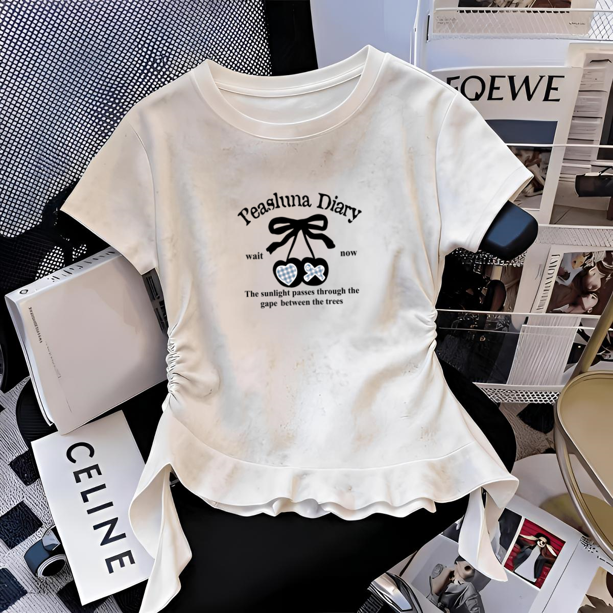 夏季逛街出行优选纯棉女童圆领短袖荷叶边卡通印花宽松百搭上衣款