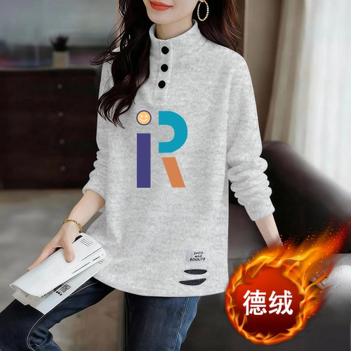 时尚气质半高领设计感长袖t恤女秋冬字母印花新款宽松打底衫上衣