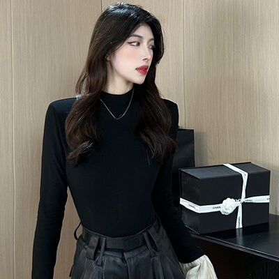 2026秋冬季新款喇叭袖设计感半高领长袖t恤女德绒保暖内搭上衣潮