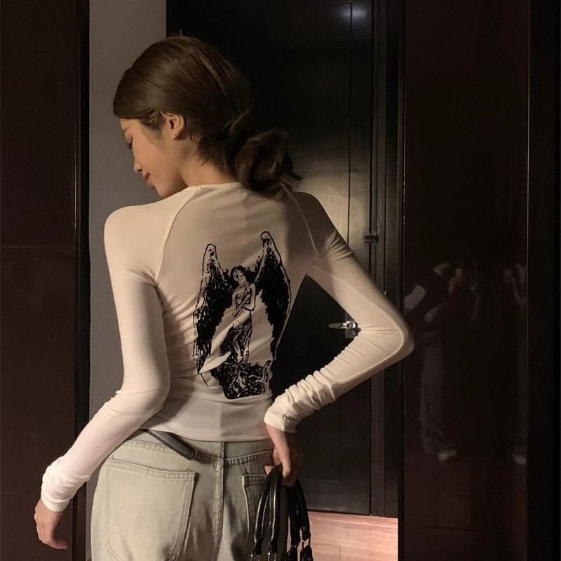 2026春秋新款性感辣妹后背微透天使印花长袖t恤小众修身上衣女装