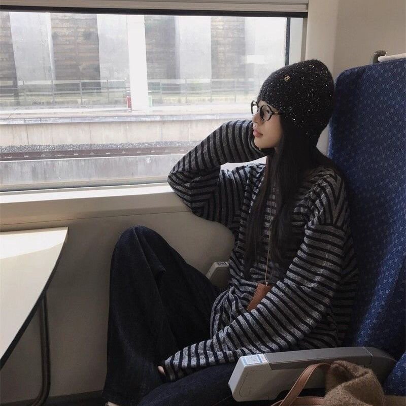 春秋打底衫美式复古条纹t恤女2026新款宽松慵懒风内搭长袖上衣ins