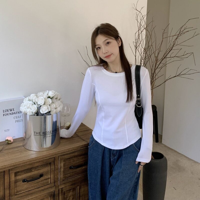 德绒保暖打底衫秋冬季正肩方领内搭鱼骨长袖t恤不规则下摆上衣女
