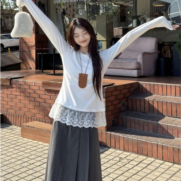 甜美风拼接蕾丝打底衫女2026通勤新款德绒内搭秋冬季长袖t恤上衣