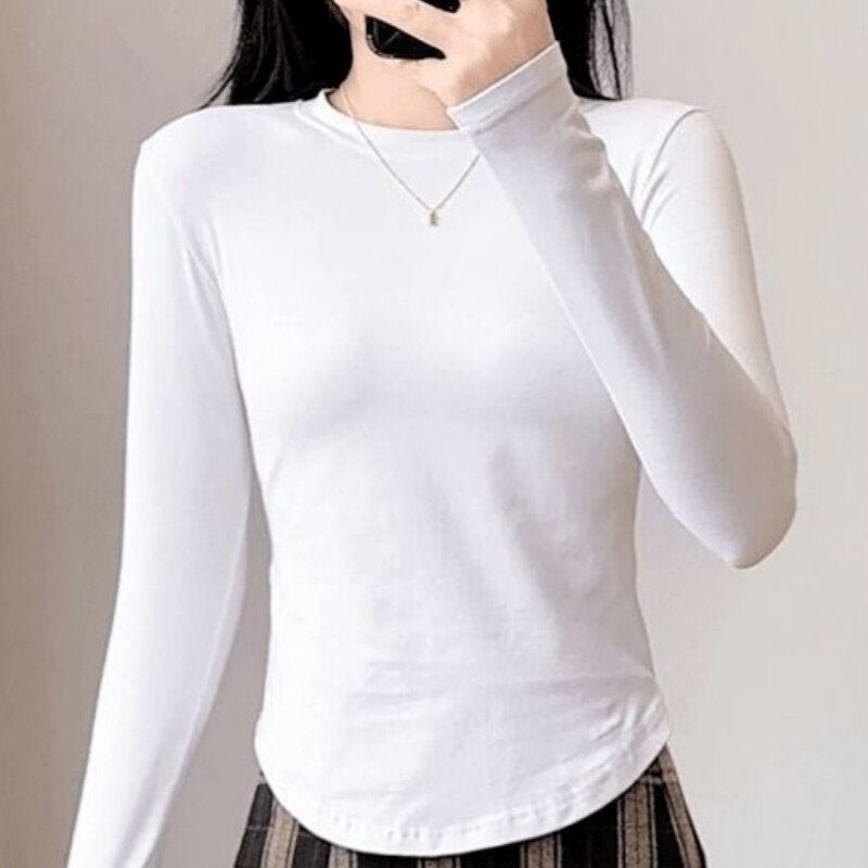圆领长袖t恤女弧形下摆打底衫纯欲修身百搭气质秋冬德绒打底上衣