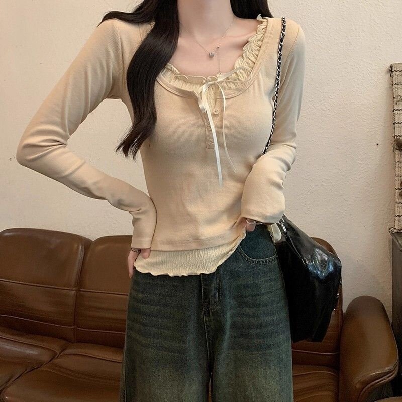 纯欲风甜妹木耳边拼接正肩长袖t恤女蝴蝶结系带假两件设计感上衣
