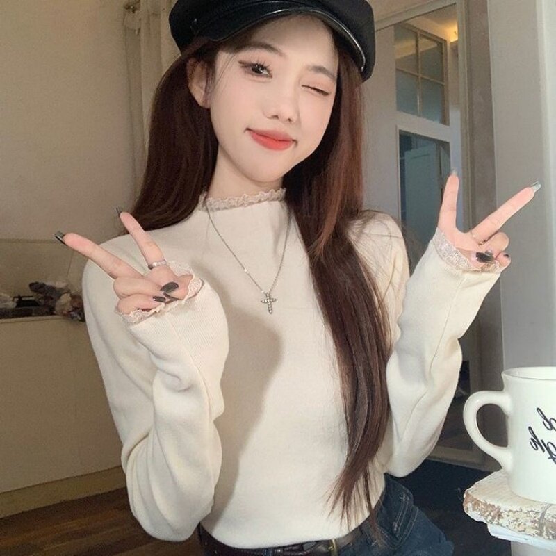小香风高级气质蕾丝德绒打底衫保暖内搭上衣女秋冬圆领T恤长袖ins