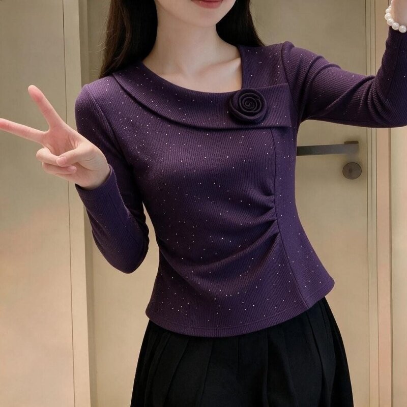 复古紫满天星设计感打底衫立体玫瑰花上衣女秋季修身气质长袖t恤