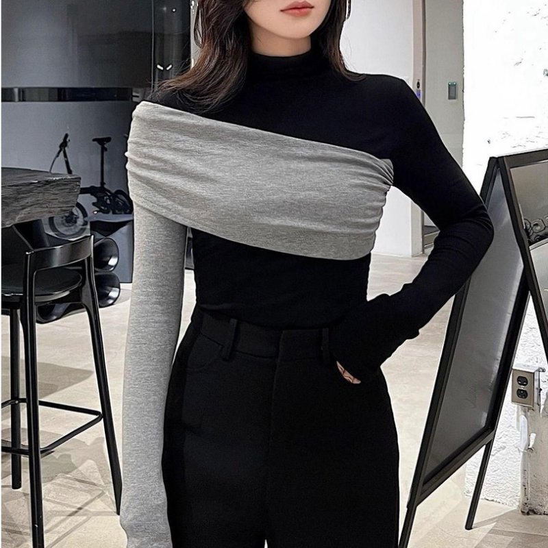 黑色修身显瘦长袖T恤德绒上衣女2026秋冬新款半高领拼接打底衫潮