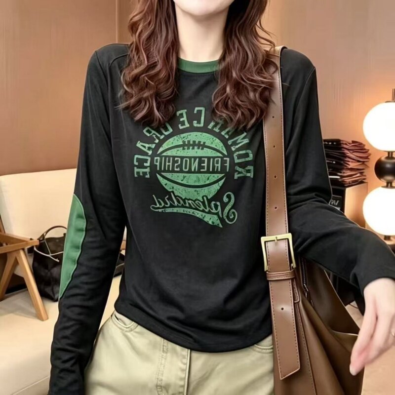 秋冬季新款显瘦复古撞色字母印花女士休闲德绒打底上衣长袖t恤衫