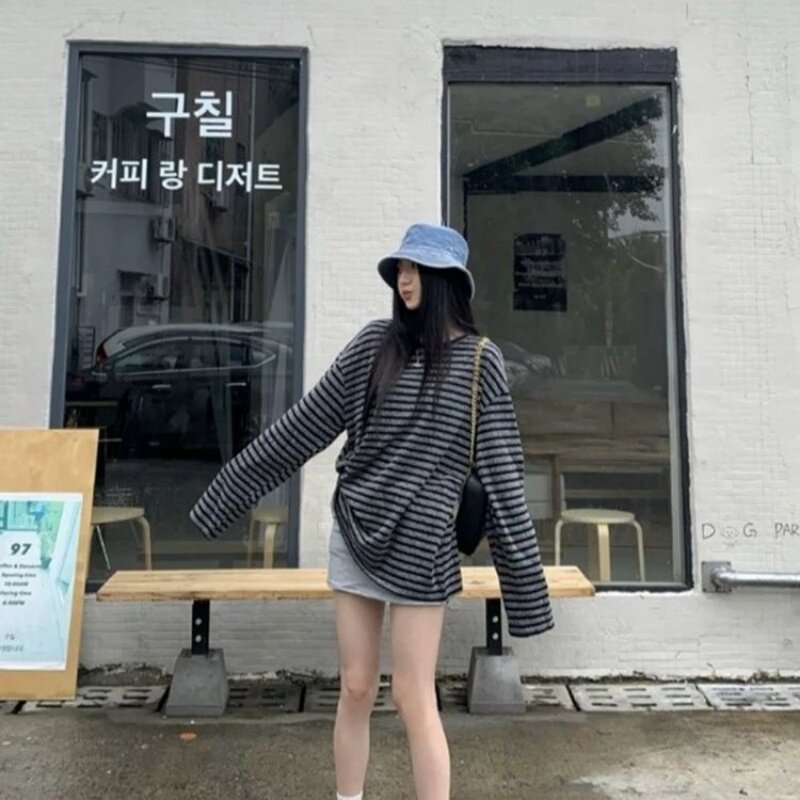 美式复古条纹设计感长袖t恤女早秋春秋韩系ins宽松百搭慵懒风上衣