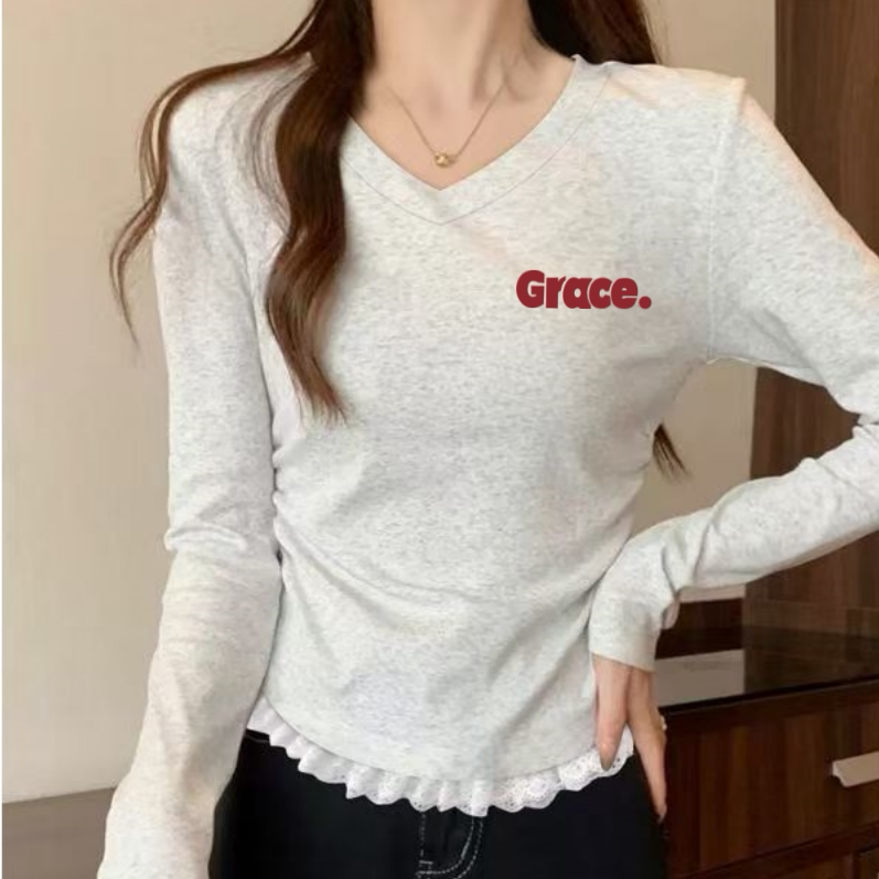 超好看蕾丝边掐腰v领长袖t恤女2026秋季慵懒风小众韩系新款上衣潮