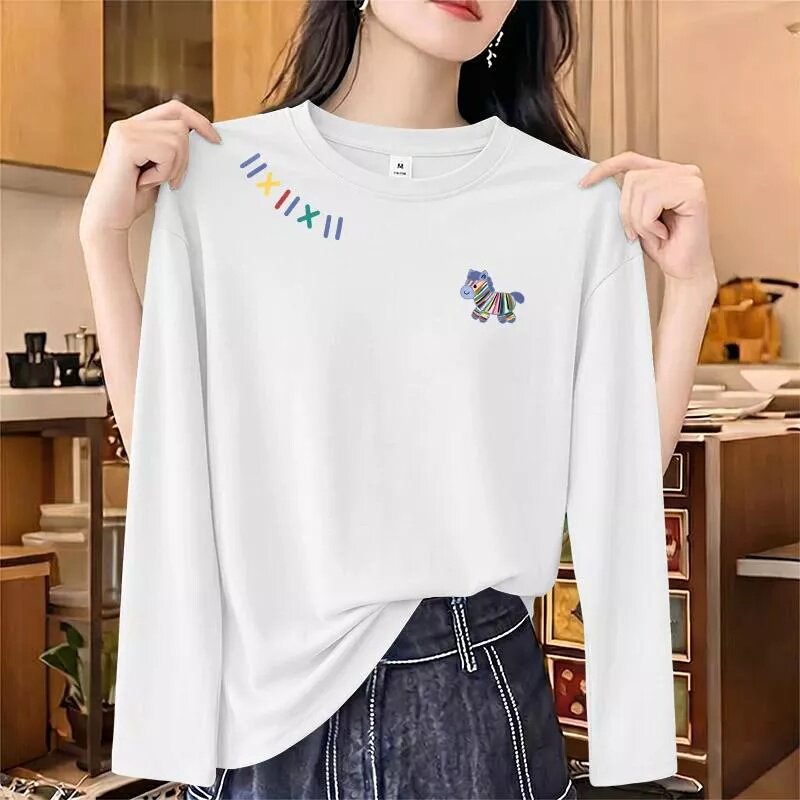 白色正肩纯棉长袖t恤女装春秋季新款大码胖MM时尚百搭印花上衣ins