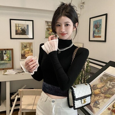 德绒秋冬季新款设计感喇叭袖拼接半高领长袖T恤打底衫修身上衣女