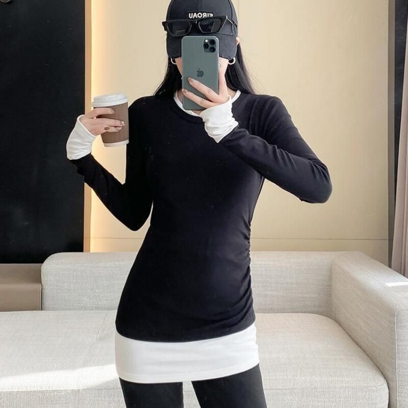 假两件中长款打底衫女秋冬季保暖内搭收腰遮屁股修身显瘦时尚上衣