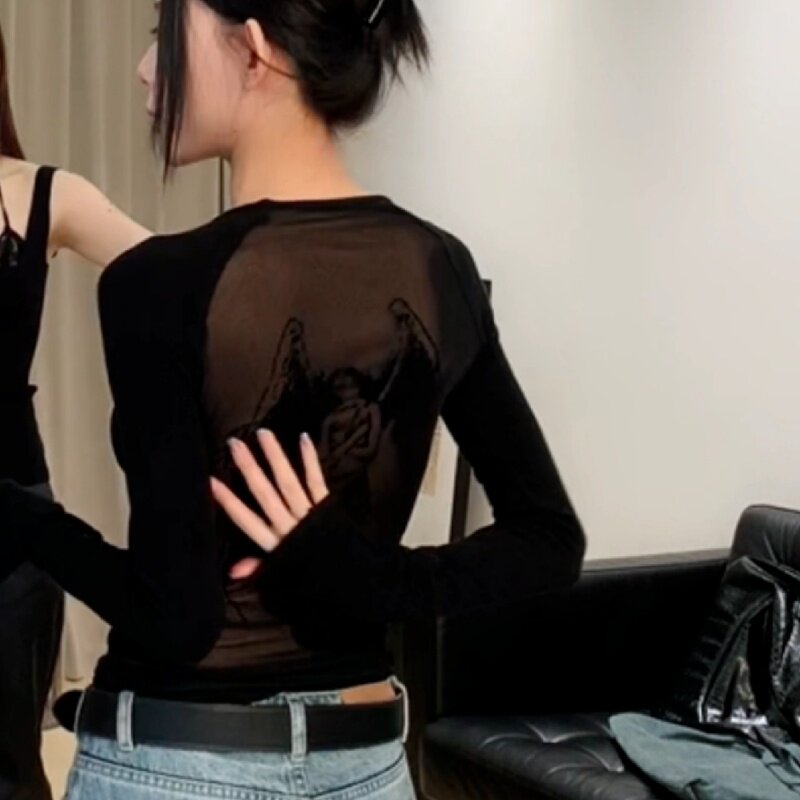 高级感印花长袖T恤女春秋季薄款打底衫辣妹性感露背修身显瘦上衣