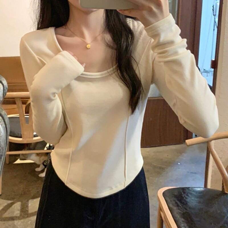 设计感方领百搭打底衫女秋冬季新款德绒显瘦修身长袖t恤正肩上衣