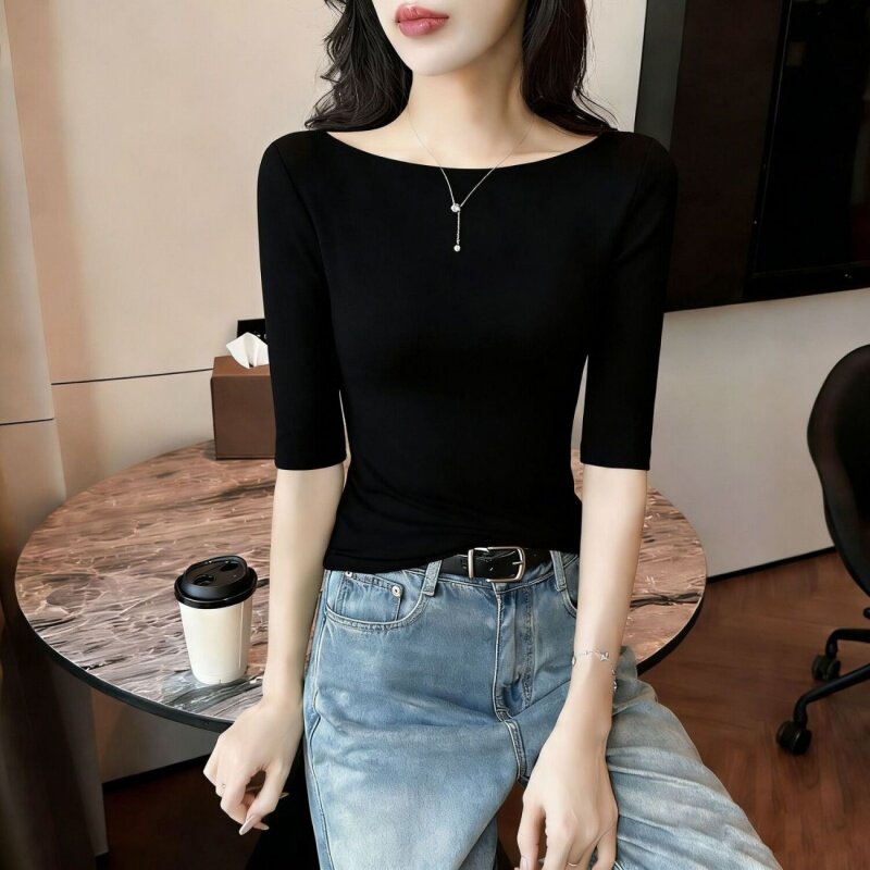 纯色简约休闲时尚中袖T恤女2026春夏新款一字肩修身显瘦半袖上衣