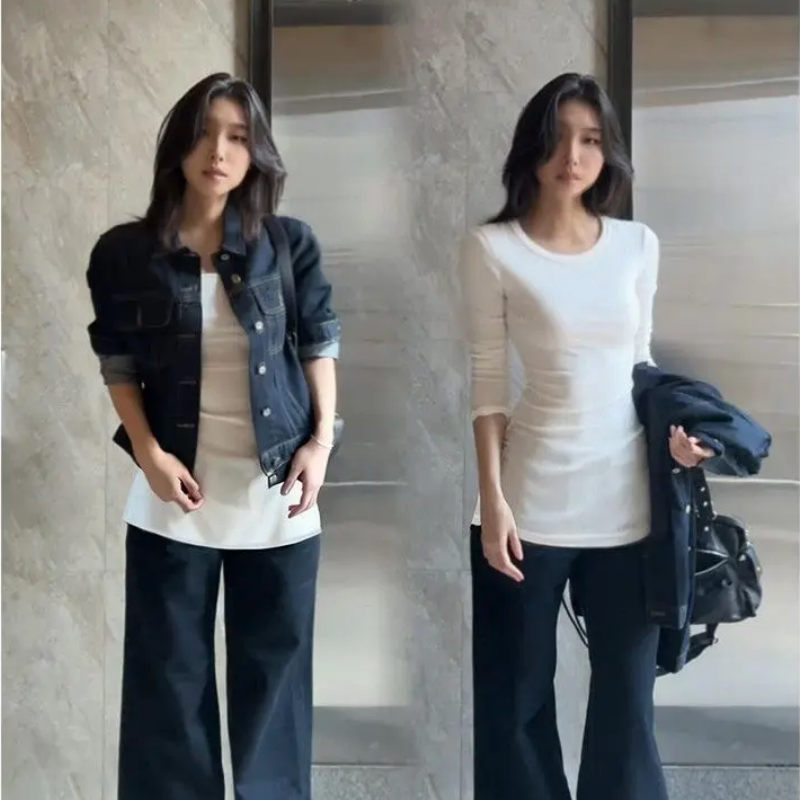 漂亮MM德绒保暖收腰打底女2026秋季圆领长袖T恤修身辣妹设计上衣