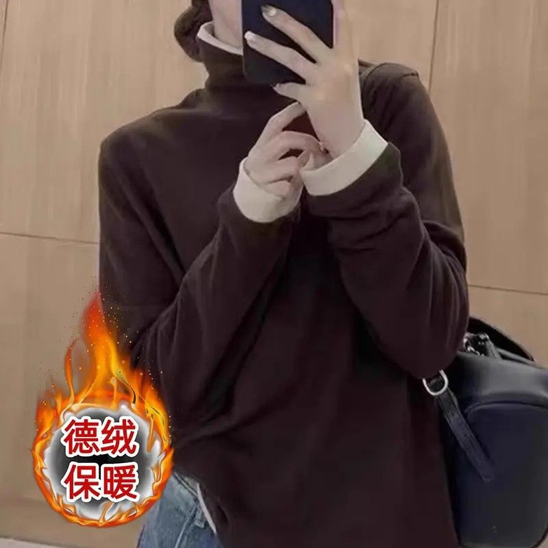 时尚简约撞色半高领女秋冬德绒保暖内搭百搭长袖T恤打底衫上衣潮