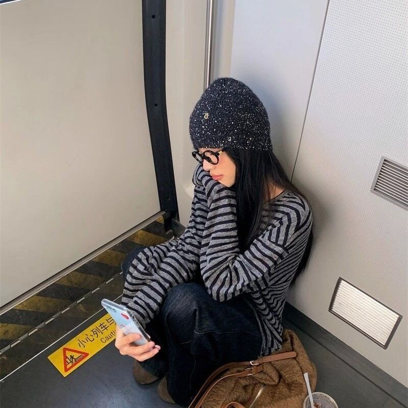 2026新款春秋打底衫美式复古条纹t恤女宽松慵懒风内搭长袖上衣ins