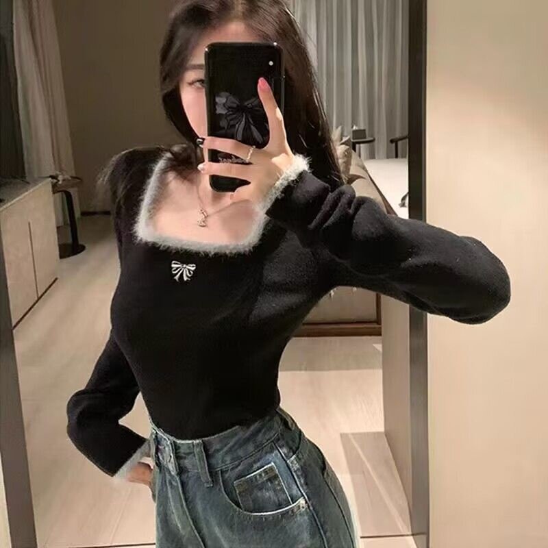 小众蝴蝶结刺绣方领打底女秋冬德绒内搭修身显瘦短款t恤长袖上衣