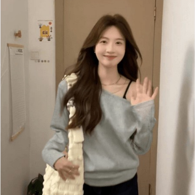 韩版超好看斜领宽松长袖T恤女2026新款纯色百搭设计感打底衫上衣