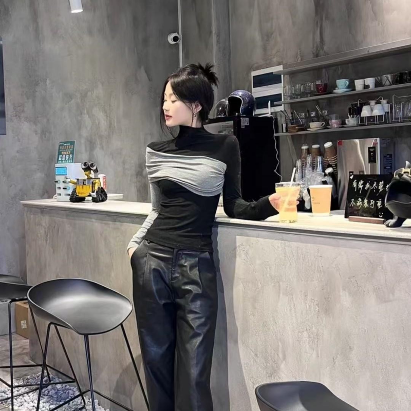 高级感撞色拼接半高领2026秋冬新款韩版打底衫女内搭长袖T恤上衣