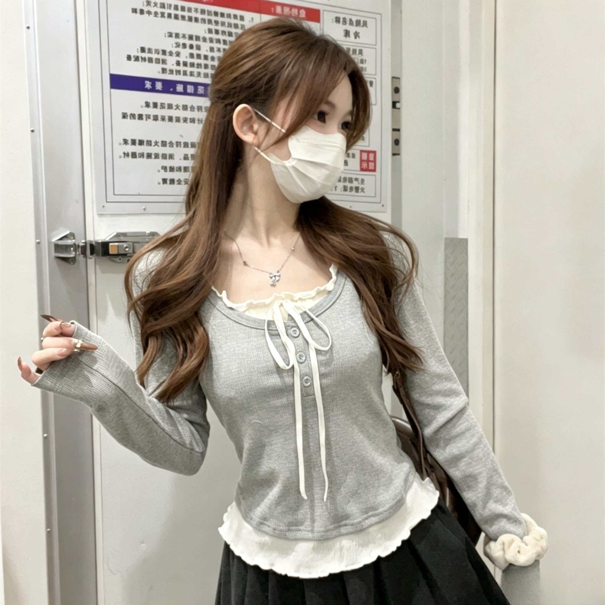 芭蕾风假两件长袖T恤女春秋季蝴蝶结打底木耳边内搭别致绝美上衣