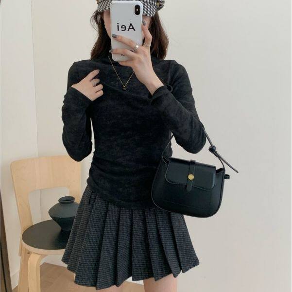 韩版半高领磨毛德绒打底衫女秋冬季褶皱收腰显瘦保暖扎染内搭上衣