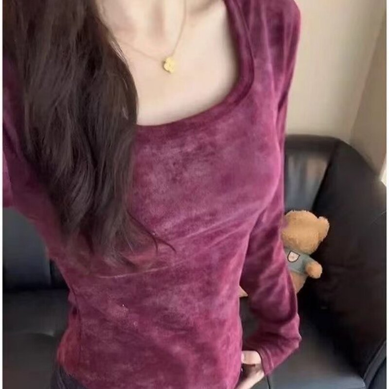 方领时尚长袖T恤女修身收腰内搭打底德绒保暖秋冬新款超好看上衣