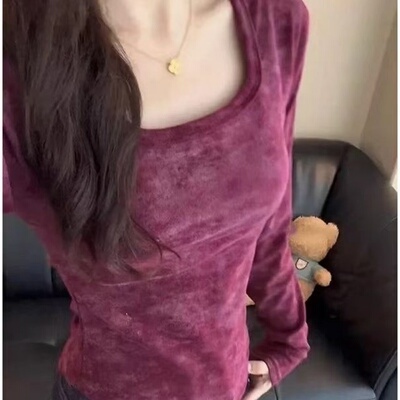 方领时尚长袖T恤女修身收腰内搭打底德绒保暖秋冬新款超好看上衣