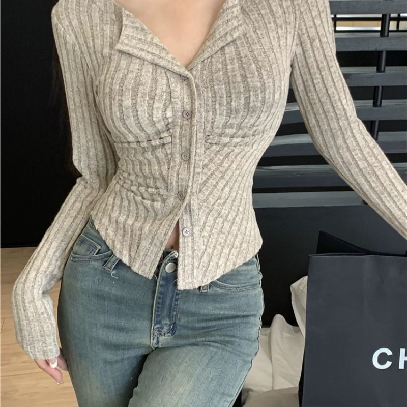 竖条纹设计感秋季翻领针织衫软糯外套女装修身开衫纽扣上衣ins潮