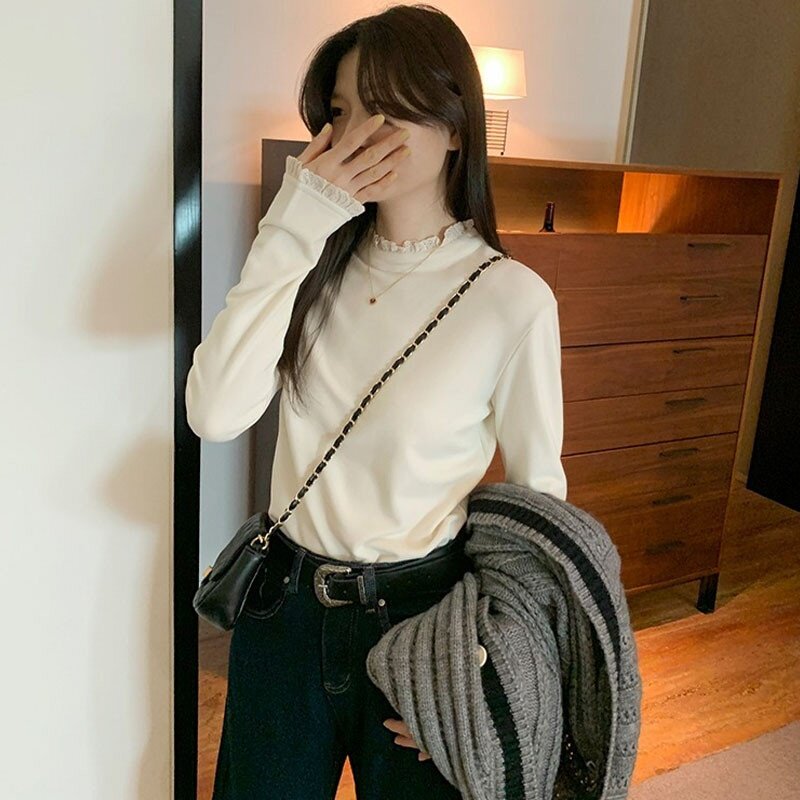 漂亮MM半高领蕾丝边长袖T恤女秋冬季新款德绒保暖内搭打底衫上衣