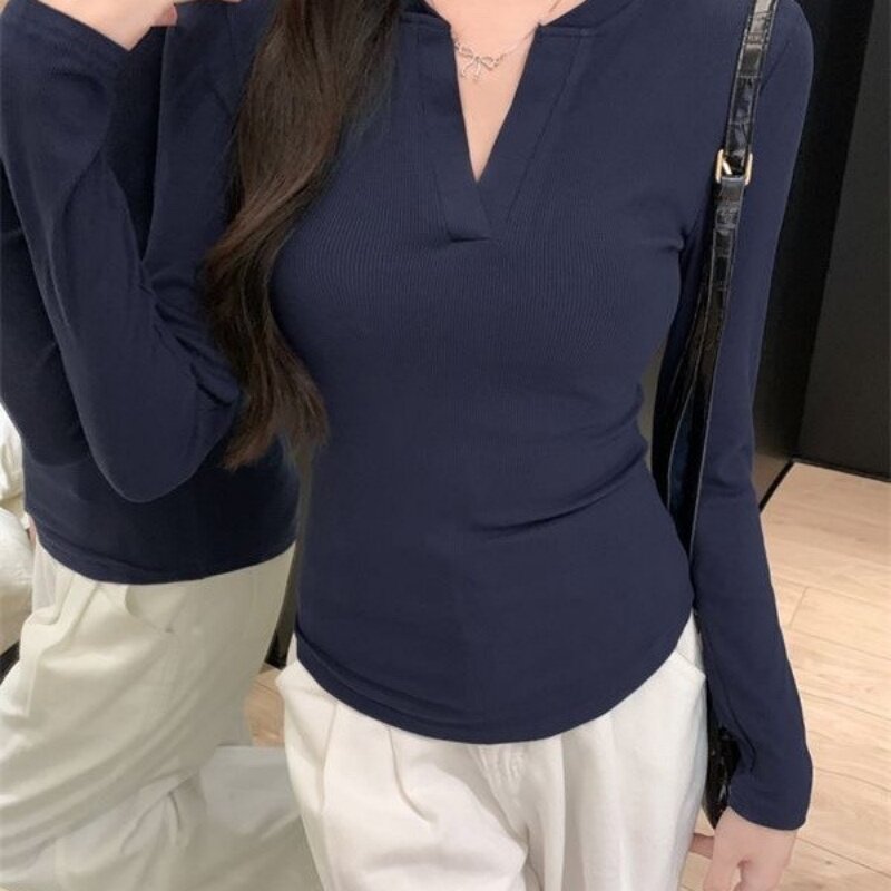 春秋季V领正肩长袖T恤女早秋薄款修身显瘦辣妹收腰百搭打底衫上衣
