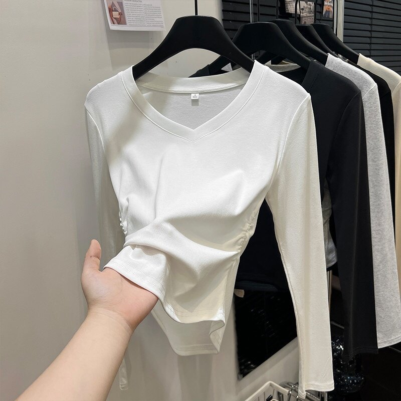 简约别致V领长袖t恤女秋冬季新款韩版修身德绒保暖百搭打底衫上衣