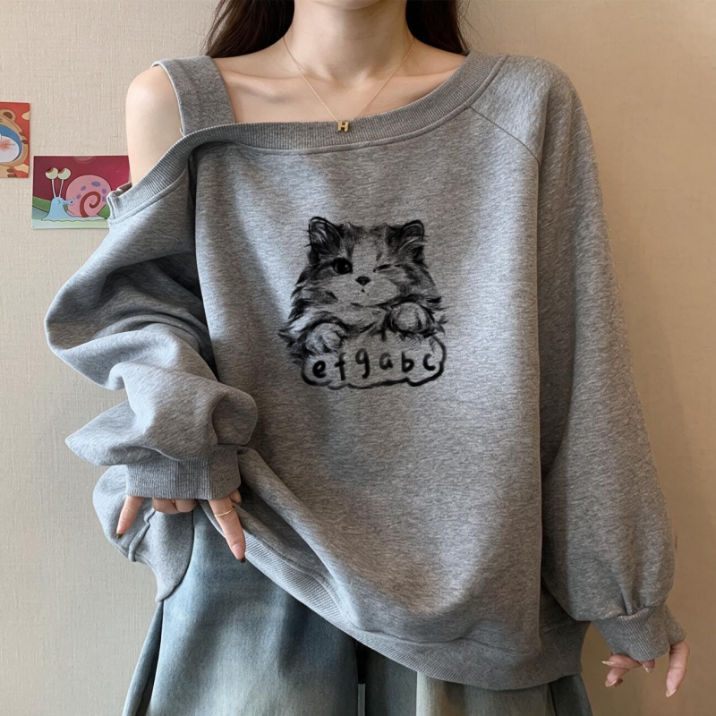 今年流行趣味猫咪印花长袖斜领卫衣女装2026秋季辣妹设计感上衣潮