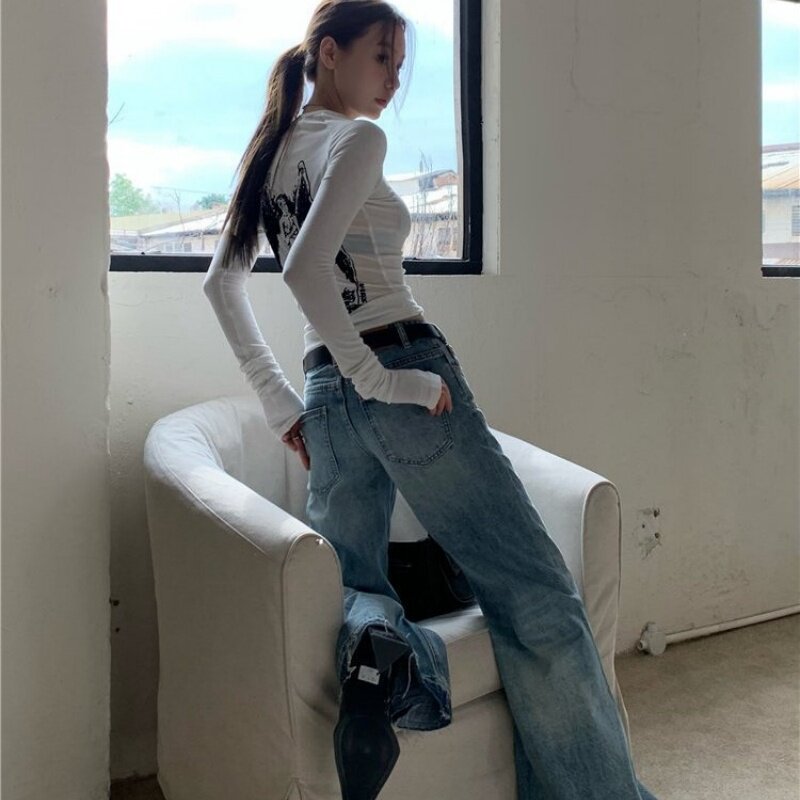 春秋复古2026爆款修身显瘦时尚天使印花辣妹露背性感长袖T恤女装