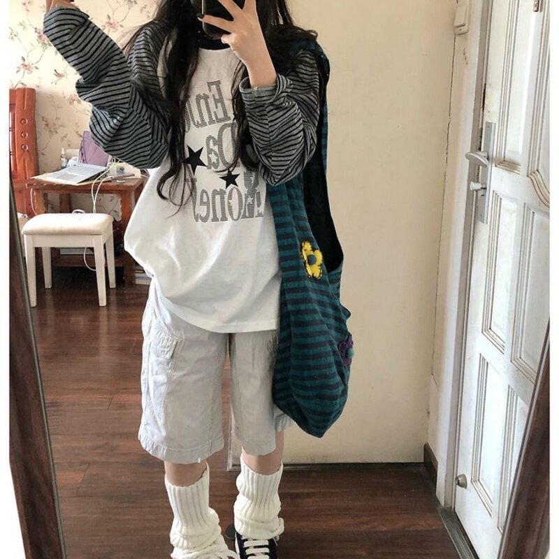 美式复古插肩星星条纹字母长袖T恤女2026春秋宽松设计感圆领上衣