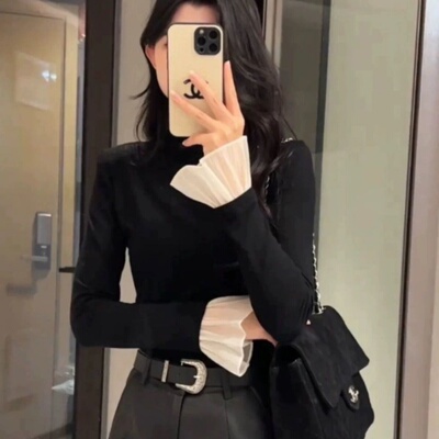 黑色长袖女半高领德绒磨毛T恤2026秋冬季新款显瘦保暖打底衫上衣
