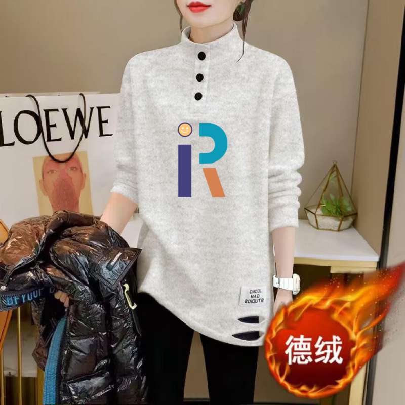 2026秋冬新款字母印花半高领长袖T恤女宽松中长款破洞纽扣上衣ins