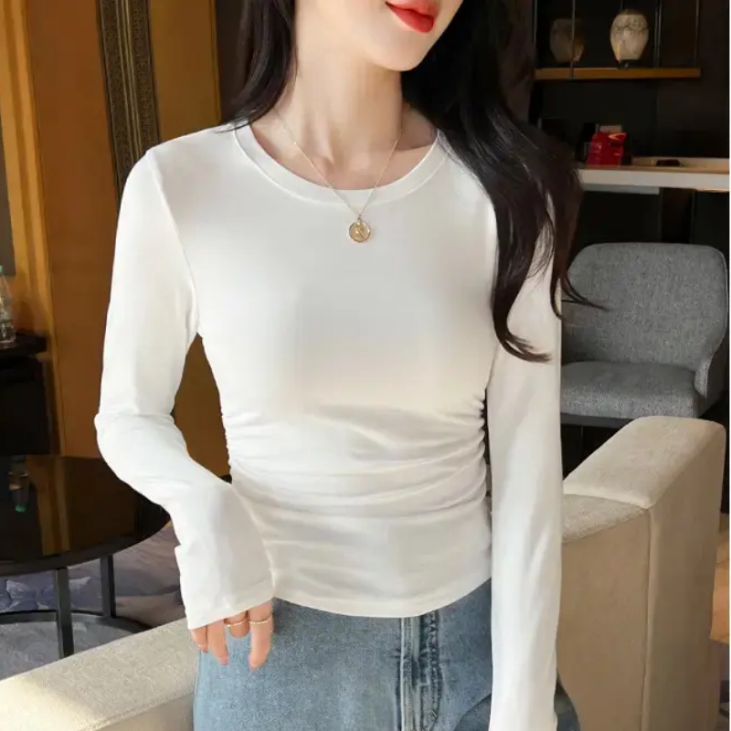 绝美纯色长袖T恤女装新款弧形下摆收腰褶皱2026秋冬修身打底上衣