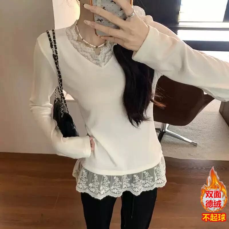 下摆蕾丝花边打底衫纯欲唯美韩系长袖t恤女爆款德绒保暖内搭上衣