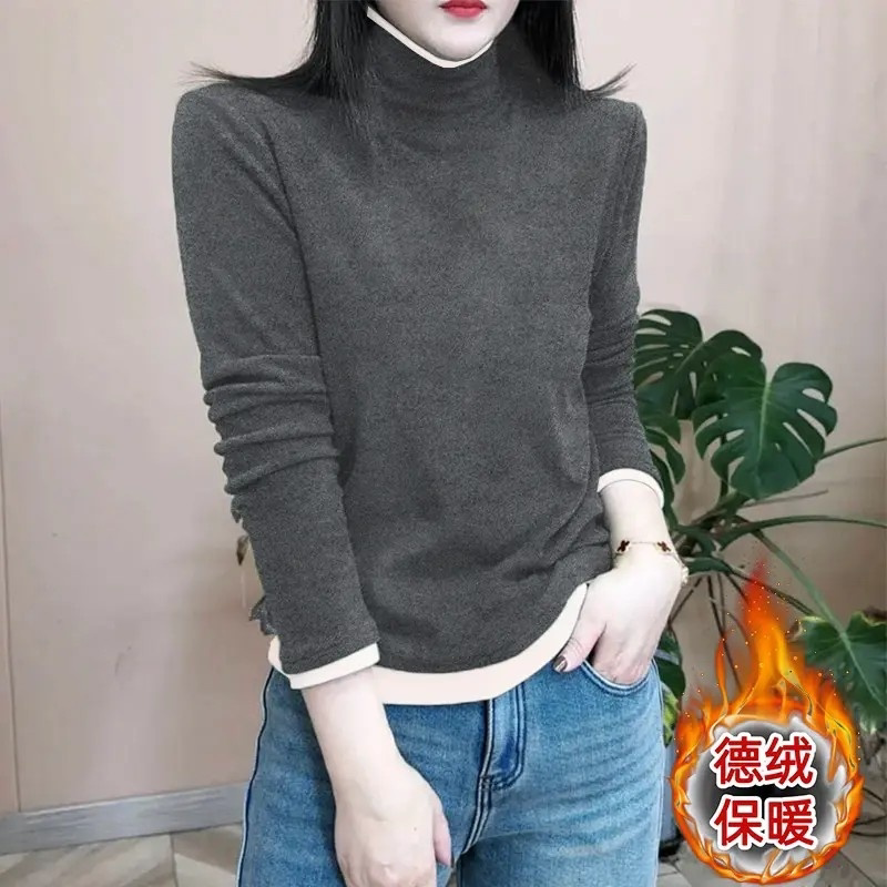 韩版德绒长袖T恤半高领女秋冬新款打底衫时尚减龄假两件拼色上衣
