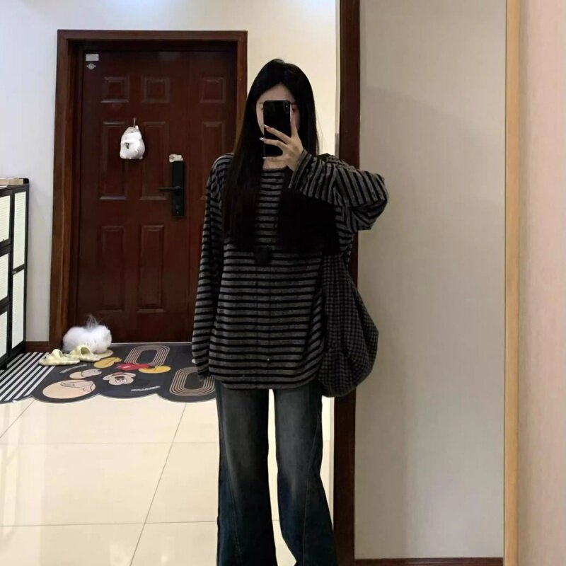 韩系慵懒风复古条纹长袖t恤女2026春秋季新款美式宽松别致上衣ins