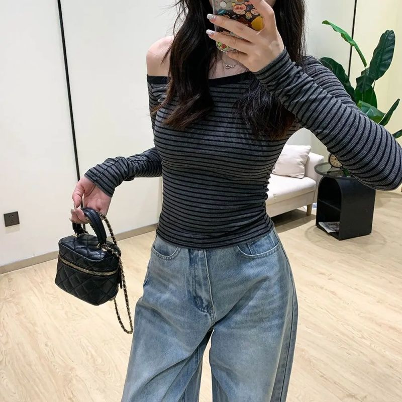 韩版斜领小个子chic气质撞色条纹修身显瘦长袖T恤秋季女上衣ins潮