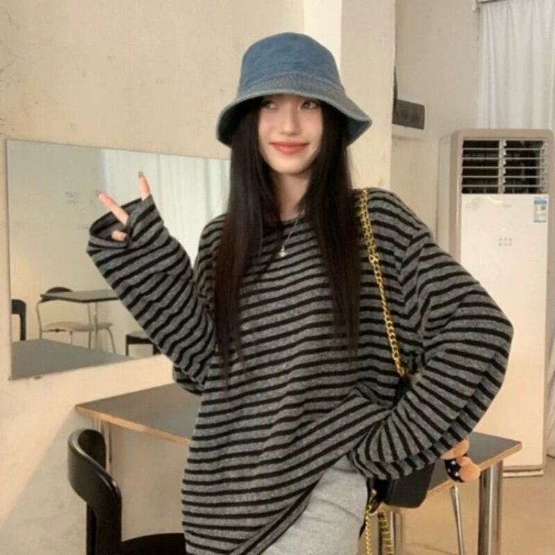 美式复古条纹设计感长袖t恤女早秋春秋韩系ins宽松百搭慵懒风上衣