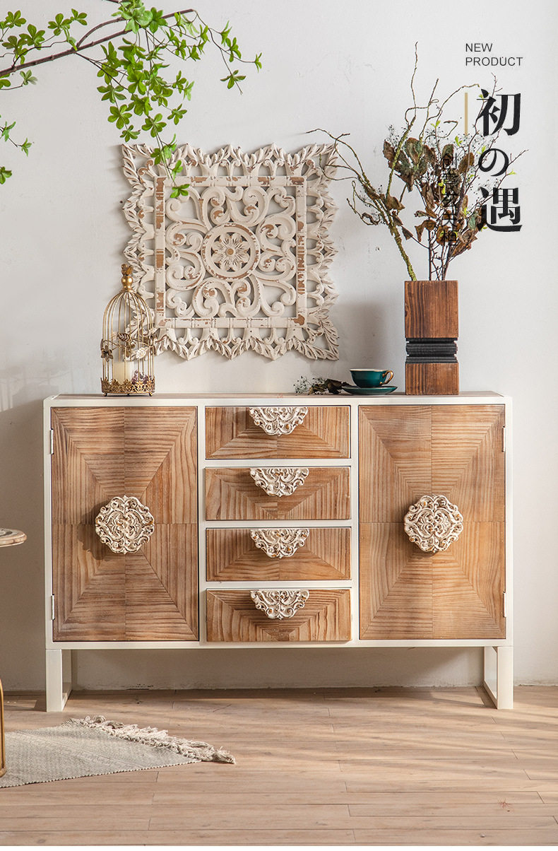 SH美式复古洛可可风玄关柜实木松木雕花拉手立体做旧客厅展厅过道