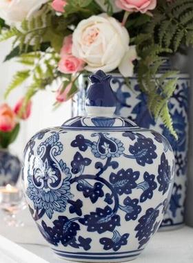 美国客厅玄关青花瓷新中式储物罐